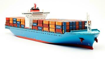 Anzeigen ein 3d Miniatur Container Schiff. generativ ai foto