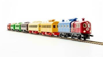 Anzeigen ein 3d Miniatur Pendler Zug. generativ ai foto