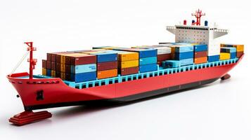 Anzeigen ein 3d Miniatur Container Schiff. generativ ai foto