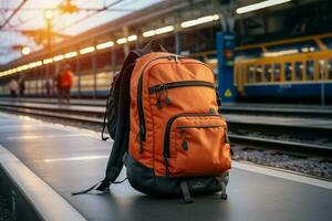 Reisende Erwartung mit Rucksack, Sie erwarten ihr Zug beim das Bahnhof ai generiert foto