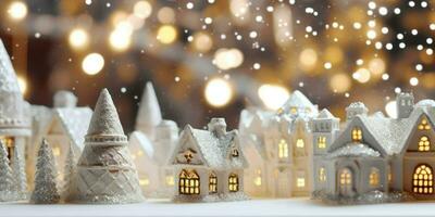 Weihnachten Miniatur Szene von gemütlich Stadt, Dorf mit festlich Gebäude, generativ ai foto