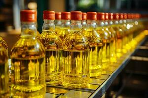 raffiniert Sonnenblume Samen Öl Sein gefüllt im Flaschen auf ein Fabrik Versammlung Linie ai generiert foto