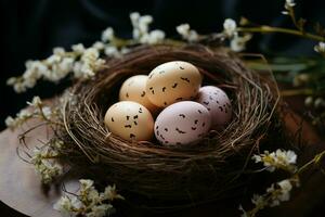 Eier künstlerisch vereinbart worden innerhalb ein Nest, schmücken ein rustikal Tischplatte Anzeige ai generiert foto