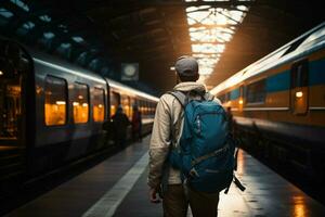 ein einsam Reisender, beladen mit ein Rucksack, Schritte selbstbewusst im das Zug Bahnhof ai generiert foto