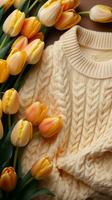 oben Aussicht kreativ modisch eben legen mit gestrickt Sweatshirt und frisch Tulpen Vertikale Handy, Mobiltelefon Hintergrund ai generiert foto