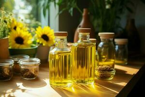 Sonnenblume Öl und Küche Utensilien ordentlich vereinbart worden auf ein hölzern Tabelle im ein Zuhause Speisekammer ai generiert foto