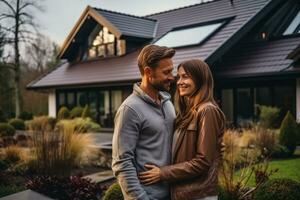 jung Paar Stehen und suchen beim modern Haus mit Solar- Paneele auf Dach foto