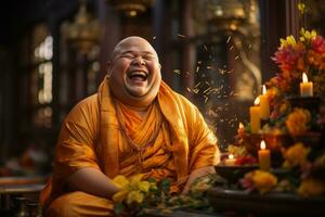 das Lachen Buddha beim das Tempel bringt Freude und Segen foto