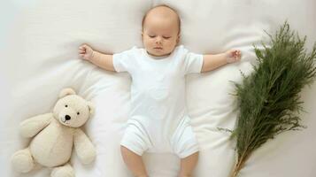 ein Baby, mit ein Weiß Hemd Bodysuit hinreißend getragen durch ein wenig einer ein Sanft Weiß Bett Hintergrund, ai generiert foto