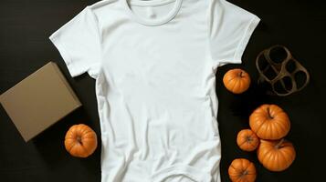 Damen Weiß T-Shirt Attrappe, Lehrmodell, Simulation Halloween Dekorationen, schwarz Hintergrund, ai generiert foto