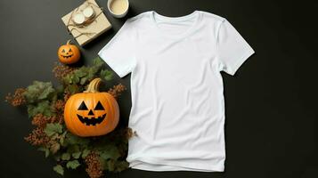 schön Weiß Damen T-Shirt Halloween Attrappe, Lehrmodell, Simulation mit ein mysteriös dunkel Hintergrund, KI-generiert foto