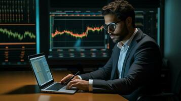 ein Latein Geschäftsmann ein Computer zu Zugriff und analysieren finanziell online Markt Daten, ai generiert foto