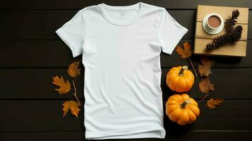 zeitgenössisch Weiß Damen T-Shirt Halloween Attrappe, Lehrmodell, Simulation vorgestellt auf ein glatt dunkel Plattform, umgeben durch strategisch platziert Kürbisse und Blätter, ai generiert foto