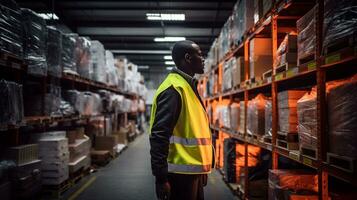 ein schwarz afrikanisch Arbeitskräfte Aussicht von ein asiatisch Warenhaus Arbeiter Überprüfung Zeug im das Lagerhaus, tragen ein Grün Sicherheit Weste, ai generiert foto
