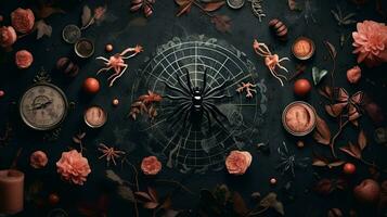 Halloween gotisch Stil, Spinnen auf Netze, dunkel Hintergrund, ai generiert foto
