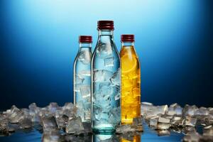 gekühlt Cocktail Flaschen glänzen gegen ein Hintergrund von bunt, glitzernd Eis ai generiert foto