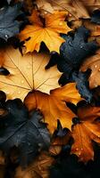 rustikal braun Herbst Laub Formen ein bunt Teppich auf das Boden. Vertikale Handy, Mobiltelefon Hintergrund ai generiert foto