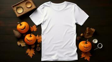 Halloween von oben nach unten Aussicht von ein Bella Segeltuch leer Weiß Farbe T-Shirt Attrappe, Lehrmodell, Simulation, ai generiert foto