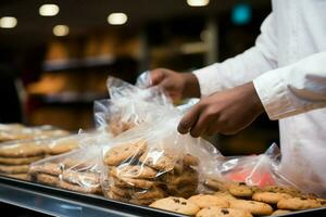 mans schließen oben Aktion Sicherung Kekse Innerhalb ein Plastik Tasche während Lebensmittelgeschäft Einkaufen ai generiert foto