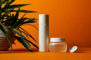 kosmetisch Produkte Stand auf Orange Hintergrund, Bereitstellung Zimmer zum Text im Werbung. ai generiert foto