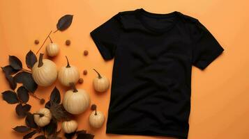 schick schwarz Damen T-Shirt Halloween Attrappe, Lehrmodell, Simulation vorgestellt gegen ein nahtlos Orange Hintergrund, umgeben durch sorgfältig vereinbart worden Kürbisse und Blätter, ai generiert foto