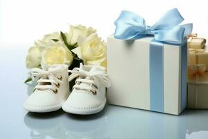 isoliert Weiß Komposition Babys Stiefeletten, leer Postkarte, und ein Schnuller, perfekt Geschenke ai generiert foto