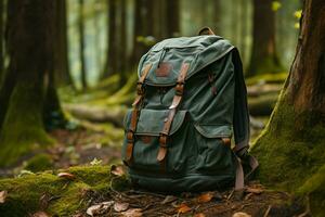ein Wandern Rucksack ruht durch ein Baum, verkörpern das Wald Abenteuer ai generiert foto