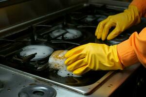 oben Nieder Aussicht Frauen behandschuhte Hand Peelings Herd, finden Freude im Post Kochen Reinigung ai generiert foto