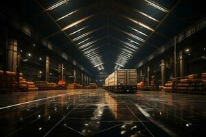 Ladung gelagert im ein riesig Warenhaus unter ein robust Metall Rahmen Dach ai generiert foto