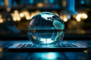ein Laptop unter ein Glas Globus bedeutet ein Technik Gefahren global Geschäft Ansatz ai generiert foto