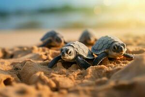 Schraffur auf das Strand Baby Schildkröten brechen frei, beginnend ihr Küsten Reise. ai generiert foto