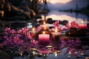 Zen mögen Szene Kerzen glühen, Steine, Lavendel, Förderung ein heiter Meditation Raum ai generiert foto