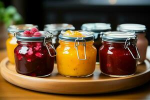 hölzern Teller Nahansicht Frau Exponate beschwingt Obst Marmeladen im Glas Gläser ein sensorisch Freude ai generiert foto