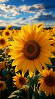 brillant Gelb Sonnenblumen schwanken im ein sonnig Wiese. Vertikale Handy, Mobiltelefon Hintergrund ai generiert foto
