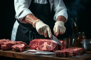 erfahren Metzger schneidet Fleisch, frontal Sicht, gegen ein dunkel Oberfläche, präsentieren Präzision ai generiert foto