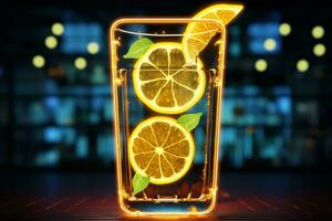 glühend Limonade Symbol leuchtet, hervorrufen sonnig Befriedigung beim städtisch Erfrischung stoppt. ai generiert foto