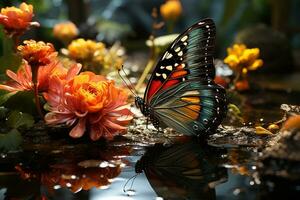 Schmetterlinge Besuch verbessert das friedlich Ambiente von das Spas Zen Garten ai generiert foto