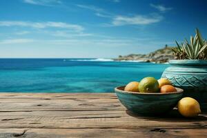 Sommer- locken hölzern Tabelle auf Blau Meer Hintergrund zum kulinarisch oder Wellness ai generiert foto