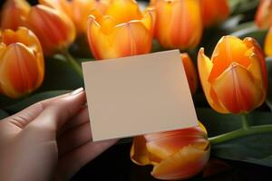 Overhead Schuss leer Papier Karte inmitten Orange und Gelb Tulpen ai generiert foto