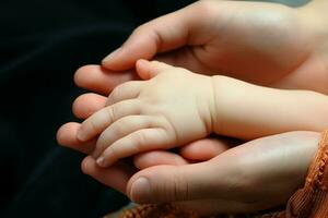 zart Säugling Zehen gewiegt zärtlich durch ein Mütter liebend, schützend Hände ai generiert foto
