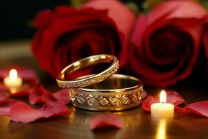 ein fesselnd schließen oben von Hochzeit Ringe, einstellen gegen rot Rosen und glühend Kerzen ai generiert foto