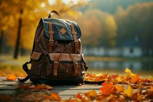 Rucksack und Zubehör, kunstvoll generiert im ai, einstellen gegen Herbst Natur ai generiert foto