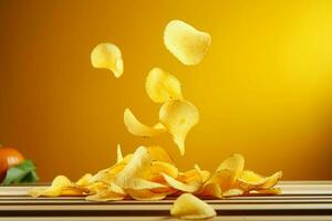 schweben Kartoffel Chips gegen beschwingt Gelb Hintergrund, Erfassen schnell Essen Vorbereitung locken ai generiert foto