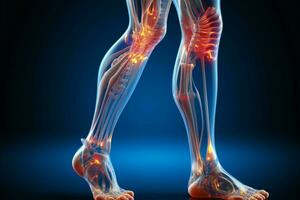 detailliert 3d medizinisch Figur, Scheinwerfer Knie und Knöchel Knochen von männlich Physiologie ai generiert foto