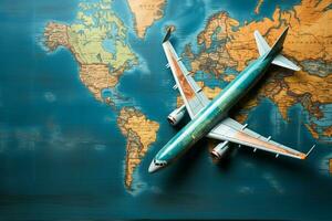 ein Flugzeug Symbol auf ein Karte ist gelegen gegen ein rustikal Blau hölzern Hintergrund ai generiert foto