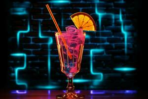 Neon- Durst Löscher ein Zeichen leuchtet ein Cocktail garniert mit ein Miniatur Regenschirm ai generiert foto