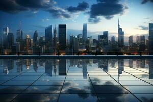 modern städtisch Umgebung Stadt Horizont mit Wolkenkratzer, Fenster, und Kopieren Raum ai generiert foto