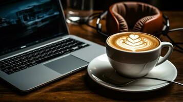 Nahansicht von ein Laptop und Kaffee foto