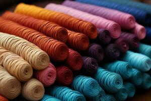 Textil- Industrie Hintergrund fügt hinzu Tiefe zu das mehrfarbig Möbel Faden Katalog ai generiert foto