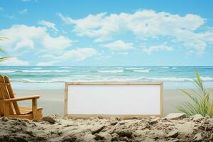 Strand Gelassenheit Whiteboard durch das Palme Küste, ein Segeltuch zum Ferien Träume ai generiert foto